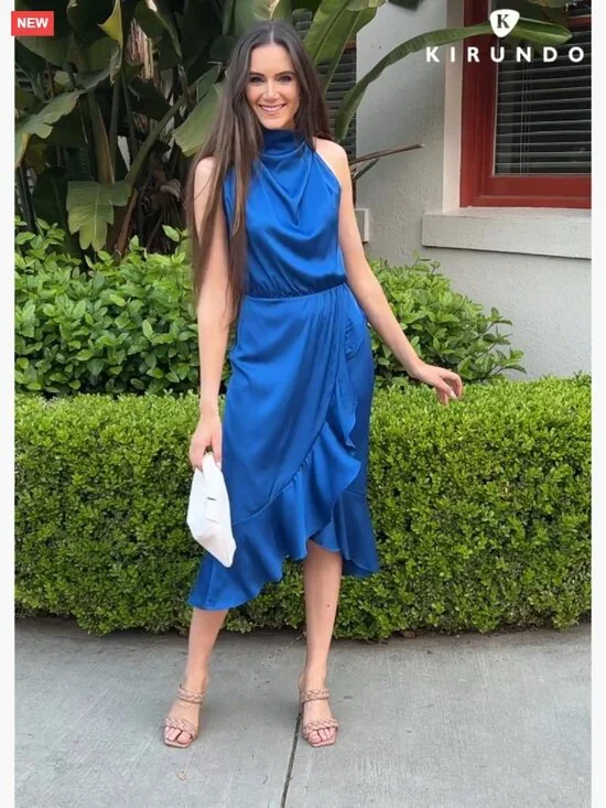 Satin Mock Neck Wrap Midi Dress Sleeveless Formal Cocktail Party - Picture 7 of 7